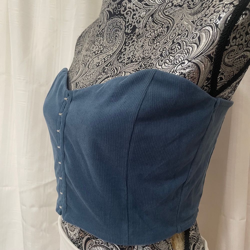Little lie Vintage Style Blue Corduroy Bustier Crop Top with Hook Front Closure - Picture 2 of 12